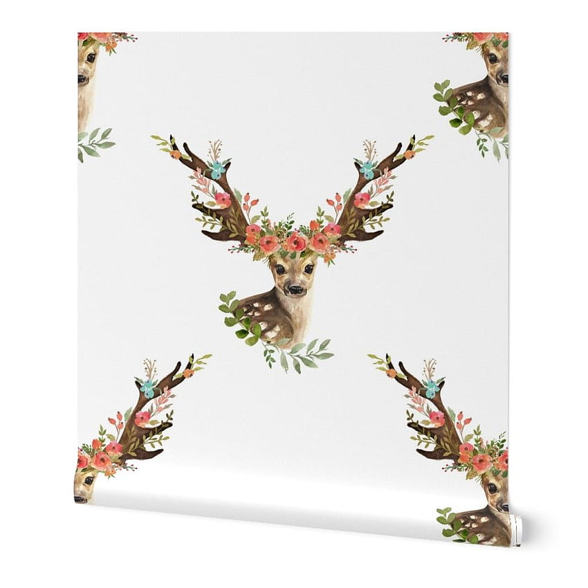 Roll Romantic Deer Floral Buck Heads Flower Crown Boho 24in x 27ft HD phone wallpaper