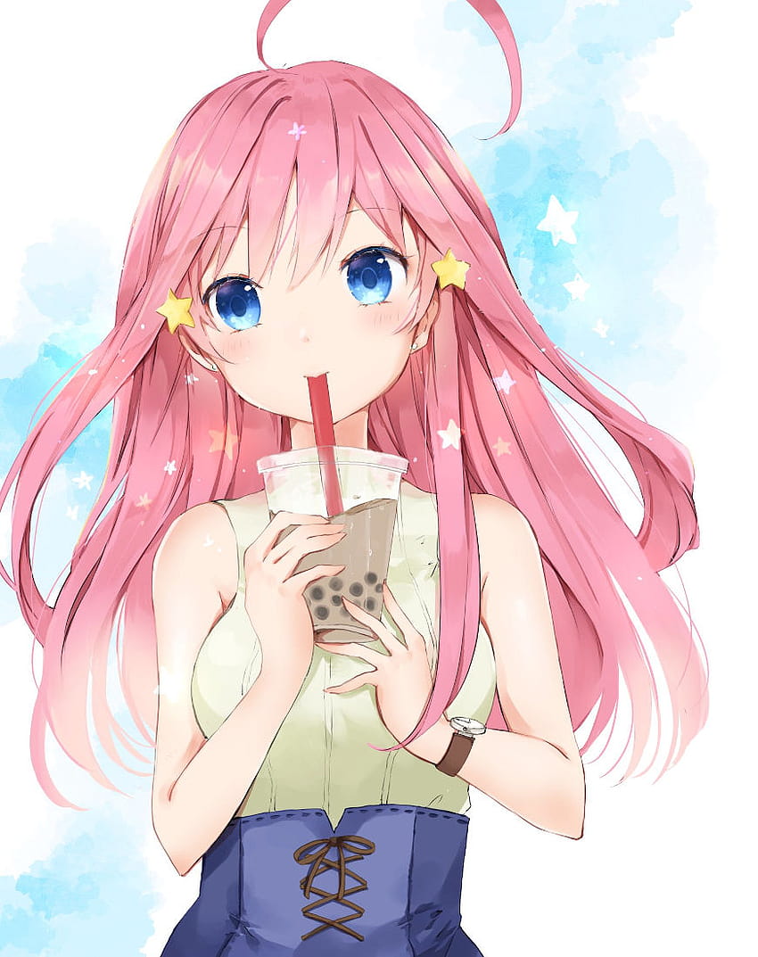 Chicas anime bebiendo té de burbujas, linda chica anime bebiendo boba fondo de pantalla del teléfono