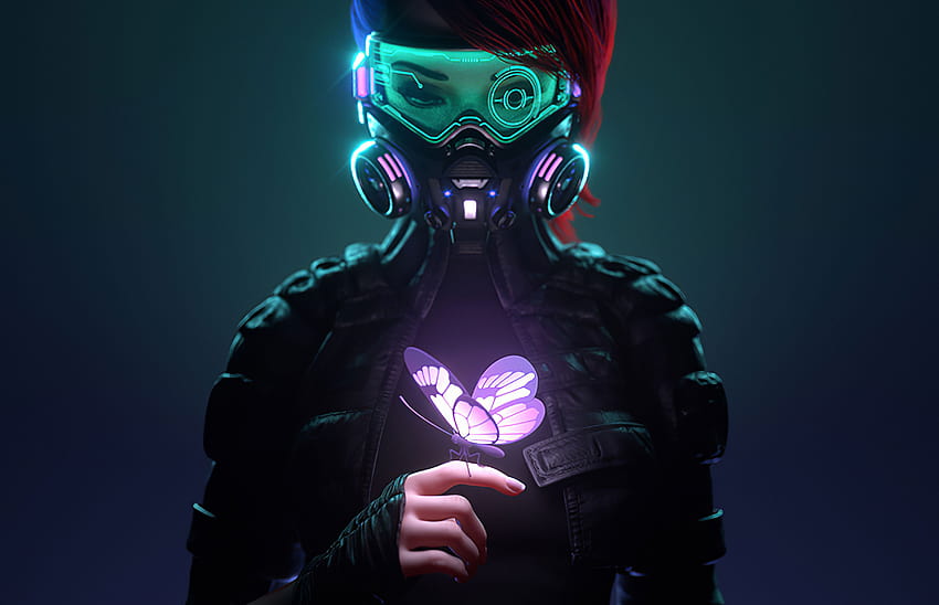 Garota Cyberpunk em uma máscara de gás olhando para a borboleta brilhante pousou em seu dedo, artista, planos de fundo e garota da máscara de gás papel de parede HD