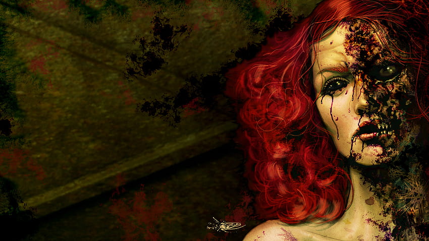 Seni gelap kengerian gotik pembusukan kehancuran wajah mata setan menanduk wanita berambut merah jahat, wanita seni gelap Wallpaper HD
