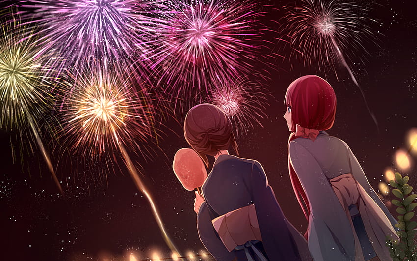 2girls akizuki maria blue eyes brown hair fireworks japanese, fireworks anime HD wallpaper