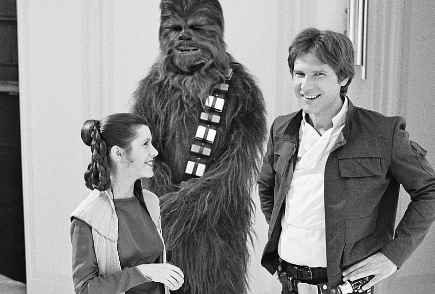 Star Wars Carrie Fisher grayscale Han Solo Chewbacca Leia Organa, han solo and chewbacca HD wallpaper