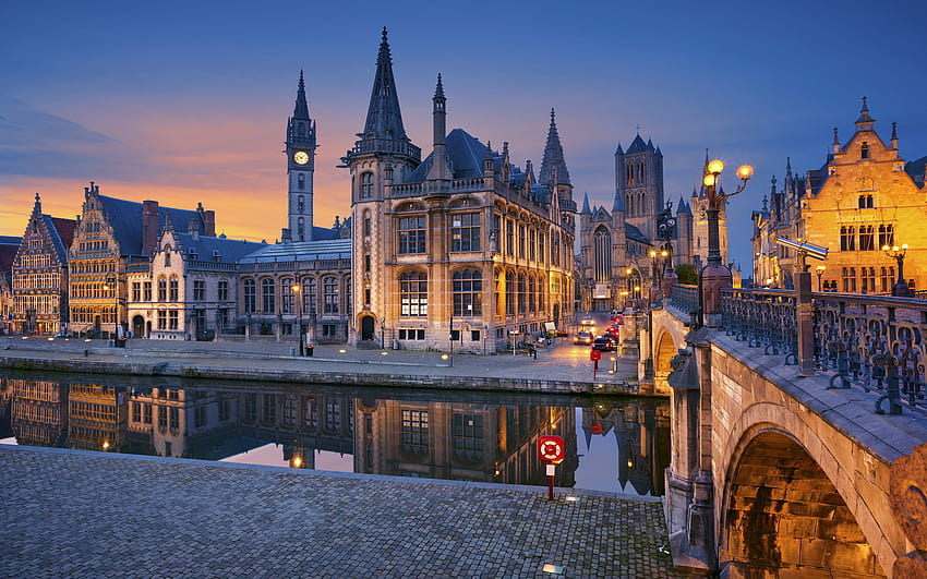 Ghent, Flanders, Belgium Night Lights Houses River Bridge Resolution : 13 HD wallpaper