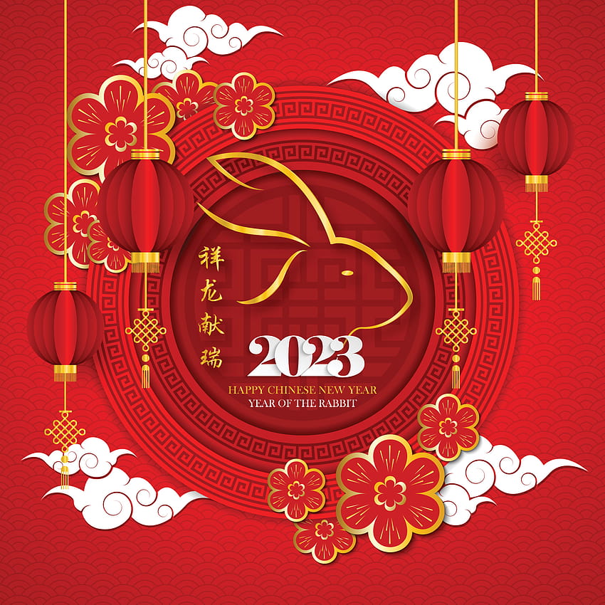 Китайска нова година 2023, годината на заека с рисунка на златен заек за 2023 г. в кръгла рамка с китайски модел на червен фон. Превод на китайски текст честита нова 2023 година, година на HD тапет за телефон