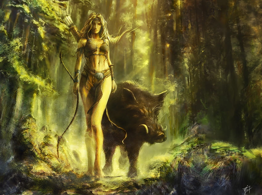 Girl with wild boar » Fantasy » Oldtime, girl and wild HD wallpaper