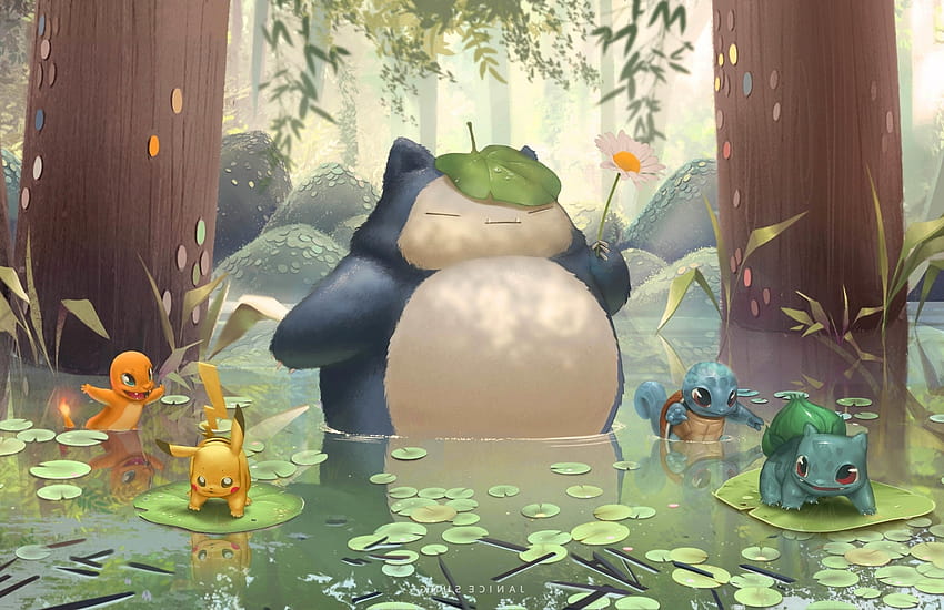 Pokémon, Wasser, Bisasam, Relaxo, Wald, Glumanda, Squirtle, Pikachu HD-Hintergrundbild
