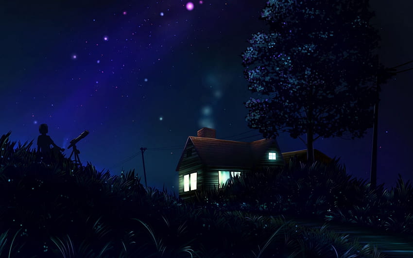 2560x1600 astrónomo, silueta, casa, noche, estrellas, s de ancha de arte 16:10 fondo de pantalla