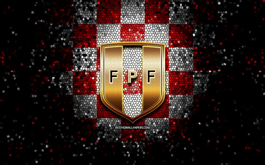 Peruwiańska drużyna piłkarska, brokatowe logo, Conmebol, Ameryka Południowa, czerwono-białe tło w kratkę, mozaika, piłka nożna, reprezentacja Peru w piłce nożnej, logo FPF, piłka nożna, Peru z rozdzielczością 2880x1800. Wysoka jakość Tapeta HD