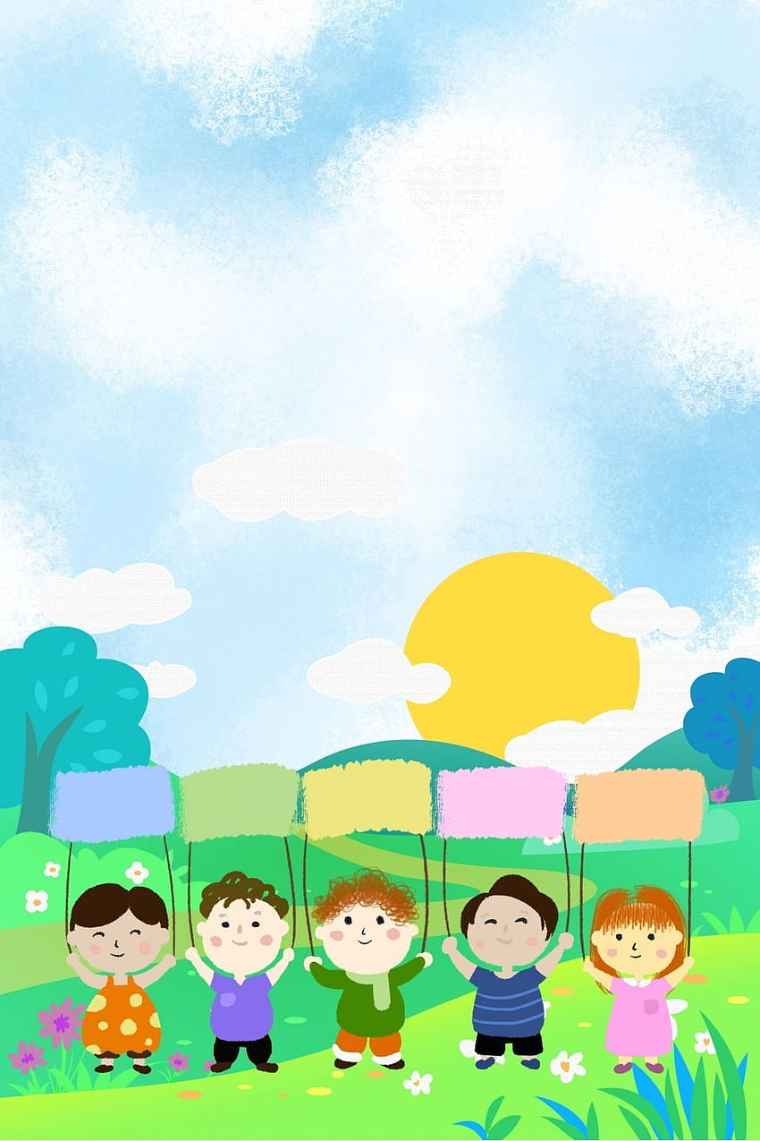 Cartoon Kid Meadow Green Backgrounds Materiale nel 2020, cartoni animati scolastici Sfondo del telefono HD