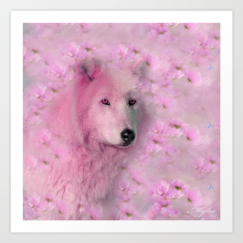 PINK WOLF FLOWER SPARKLE Art Print by Saundra Myles, flower wolf HD phone wallpaper