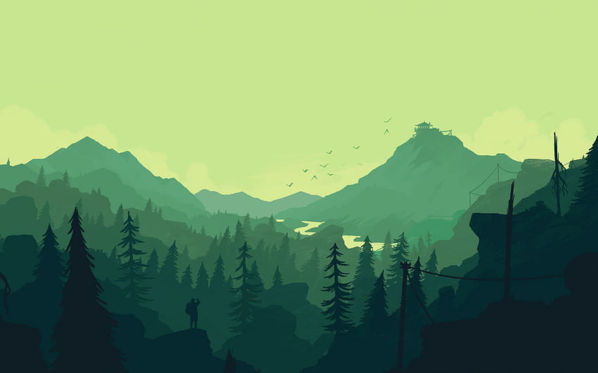 Montanhas Firewatch Green Forest Minimal [3440x1920] para seu celular e tablet papel de parede HD