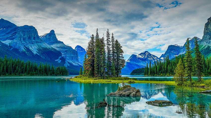 : alam, pemandangan, awan-awan, pohon, danau, batu, pegunungan, riak air, hutan, tumbuhan, Taman Nasional Jasper, Kanada 1920x1080 Wallpaper HD