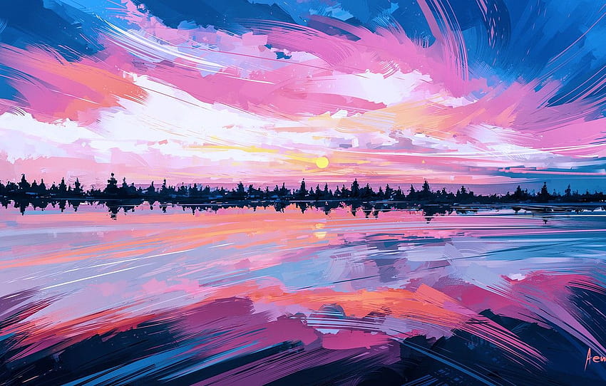 the sky, water, the sun, clouds, sunset, reflection, pink anime clouds HD wallpaper