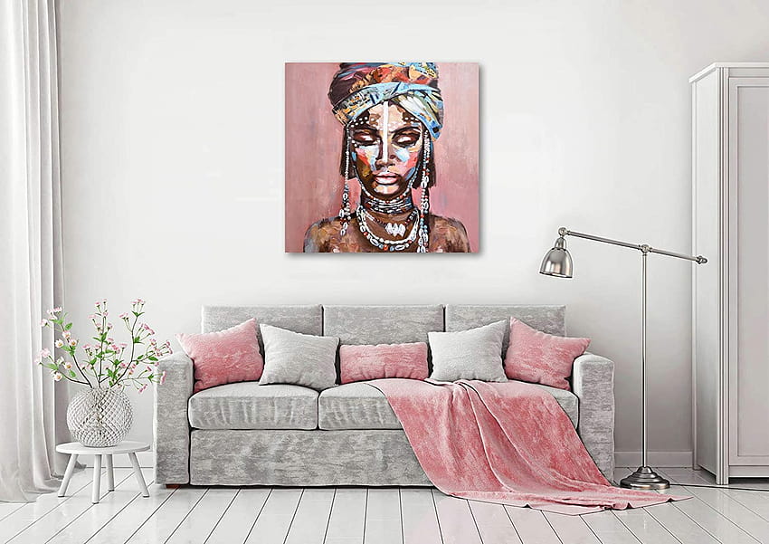 구매 대형 캔버스 인쇄 벽 예술, 아프리카 계 미국인 흑인 소녀 유화, 3D 손으로 그린 ​​다채로운 현대 인도 여성 침실, 거실, 36x36 인치 걸 준비 HD 월페이퍼