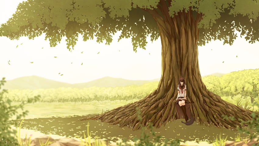 1280x720 Garota Anime, Árvore Gigante, Lendo Um Livro, Cênica, Paisagem papel de parede HD