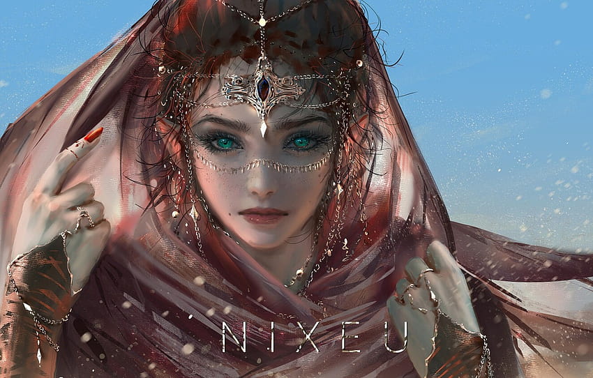 blue eyes, Diadema, moles, chain, transparent fabric, portrait of a girl, gem, by NIXEU , section живопись HD wallpaper