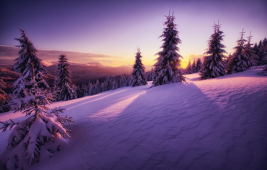 winter, der himmel, die sonne, licht, schnee, sonnenuntergang, berge, lila, hügel, aussicht, farbe, höhe, dal, der abend, aß, steigung , abschnitt пейзажи, winterfarben HD-Hintergrundbild