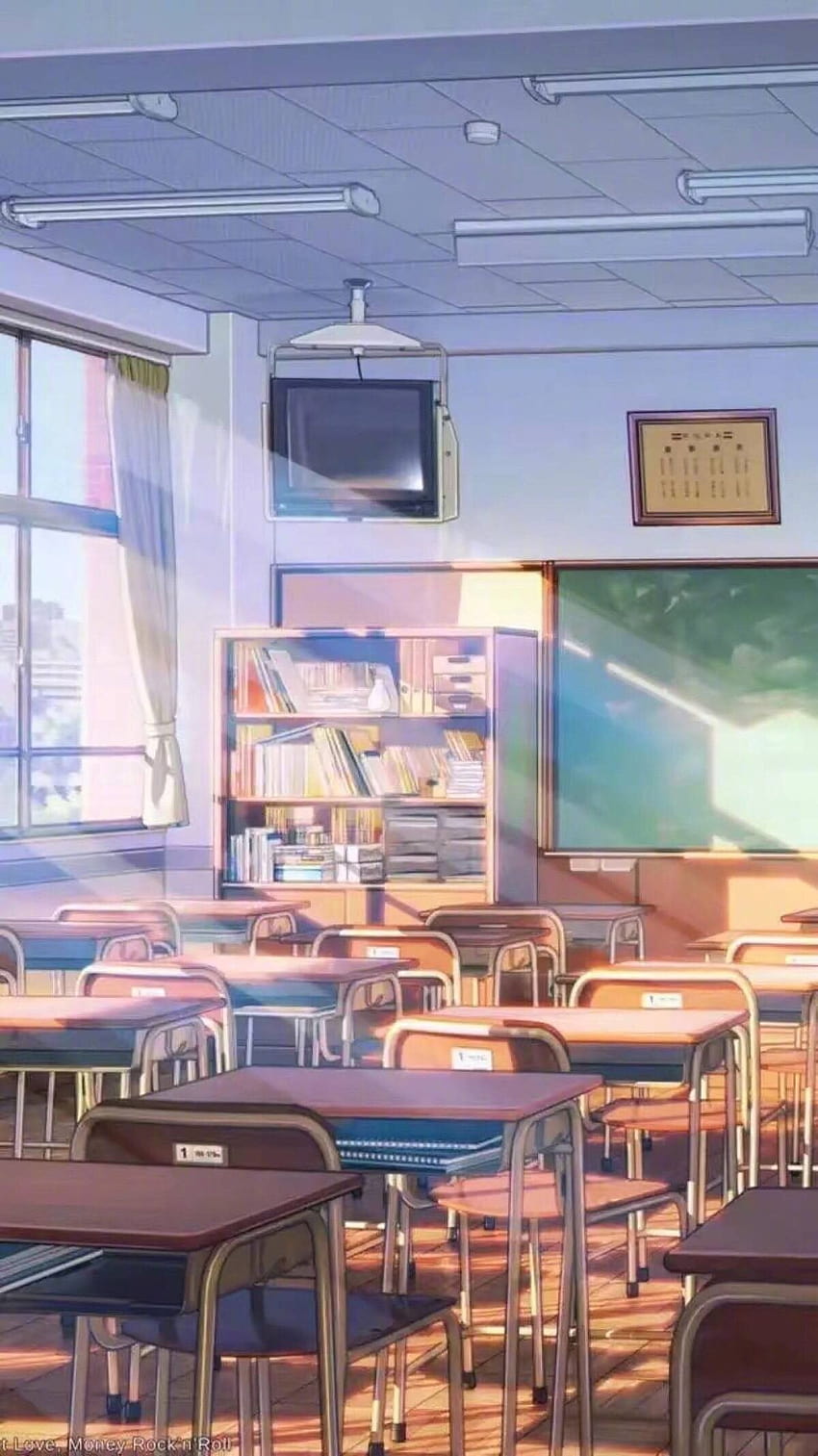 Aula relajante, estética de escuela de anime. fondo de pantalla del teléfono