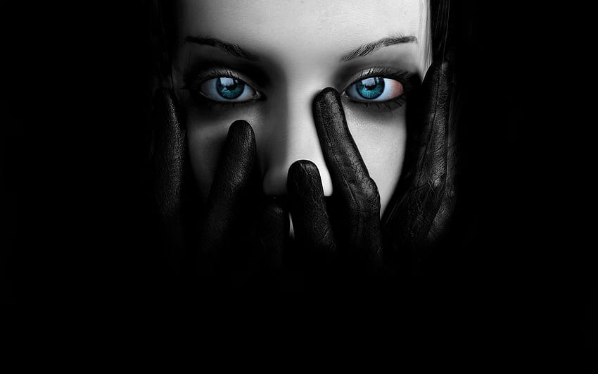 : лице, жени, очи, ръкавици, емоция, глава, око, ръка, тъмнина, страх, екранна , компютър, черно и бяло, монохромна графика, човешко тяло, орган, наблизо 1920x1200 HD тапет
