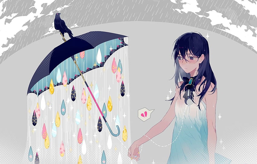 kız, damla, yağmur, şemsiye, anime, sanat, karga, ryuutsuki temel incelemesi, bölüm прочее, anime tabanı HD duvar kağıdı