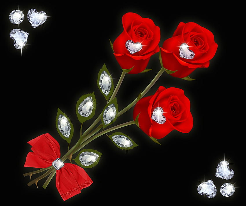 Цветя: Цветя Диаманти Червен Джем Дизайн Рози Панделка Флорални сърца, любовни рози и сърца HD тапет