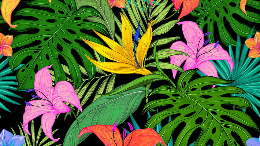 2560x1440 pattern, tropical, flowers, leaves, lilies, palm leaves, colored 16:9 backgrounds, tropical pattern HD wallpaper
