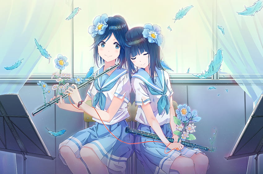 2 момичета животни цветя hibike! euphonium инструмент jadeqilin kasaki nozomi liz to aoi tori училищна униформа yoroizuka mizore HD тапет