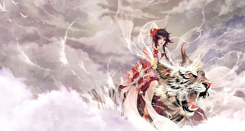 Gadis anime asli, harimau, hewan, awan, langit, mata merah yang indah Wallpaper HD