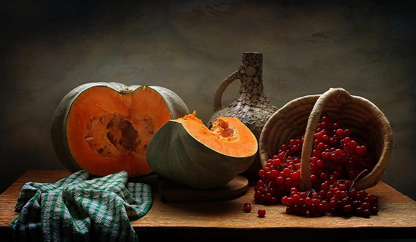 Sorbus Pumpkin Wicker basket Food Table Still, pumpkins and basket HD wallpaper