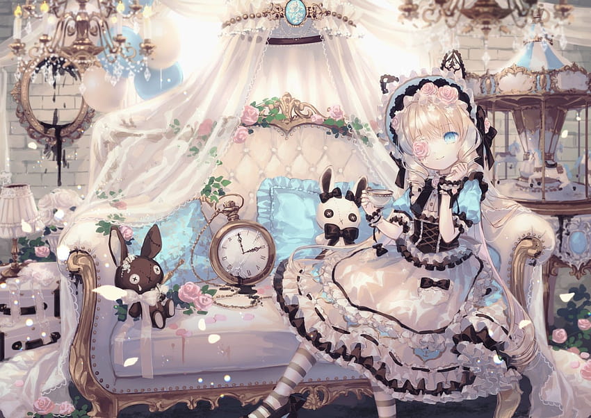 โซฟา, ดอกไม้, ดวงตาสีฟ้า, ตุ๊กตาหมี, นาฬิกา, ชุดเดรส, Anime Lolita Girl วอลล์เปเปอร์ HD