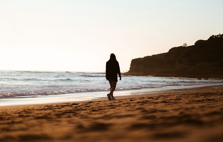 waves, girl, rock, beach, nature, woman, landscapes, walk alone girl HD wallpaper