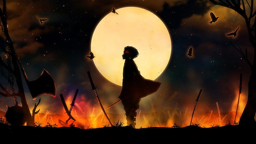 Demon Slayer Tanjiro Kamado wokół dźgających mieczy z tłem pełni księżyca i ciemnej nocy Anime, demon slayer dark Tapeta HD