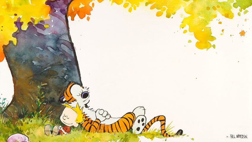 Ilustrasi harimau dan anak laki-laki tidur di pohon, Calvin dan Hobbes, beristirahat di antara pepohonan Wallpaper HD