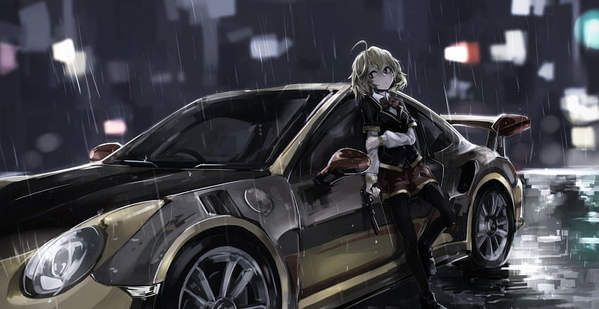 : Anime Mädchen, blaue Augen, Schwert, Porsche, Sportwagen, Rad, Supersportwagen, Landfahrzeug, Automoesign, Automobilmarke, Luxusfahrzeug, Autoshow 2030x1048, Anime Superauto HD-Hintergrundbild