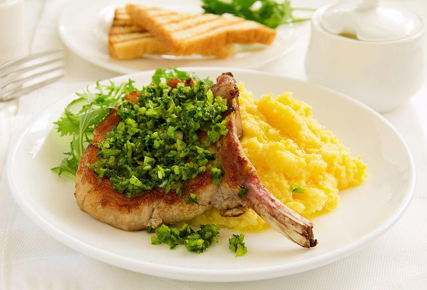 main dish puree meat green the second course mashed potatoes greens HD wallpaper