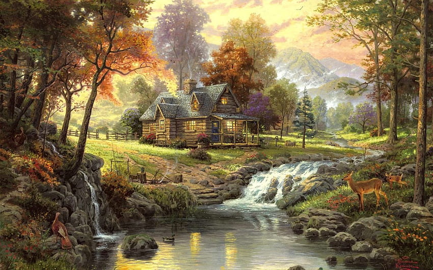 : paisaje, pintura, ARTE, casa, bosque, río, animales 1920x1200, casa junto al río fondo de pantalla