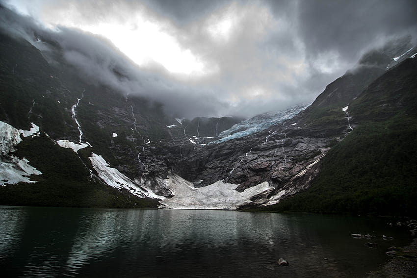 : landscape, dark, lake, nature, reflection, clouds, glaciers, Norway, fjord, valley, Alps, creeks, cloud, highland, 2048x1365 px, glacier, loch, atmospheric phenomenon, mountainous landforms, geographical feature, mountain range, glacial, dark lake HD wallpaper