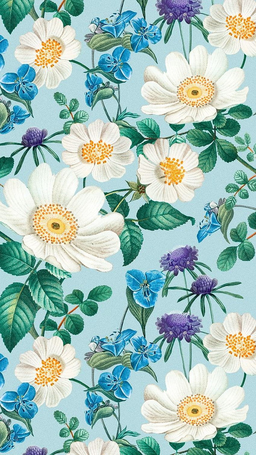 iPhone pola bunga, latar belakang botani vintage, remix dari karya seni Pierre Joseph Redouté, bunga 2022 wallpaper ponsel HD