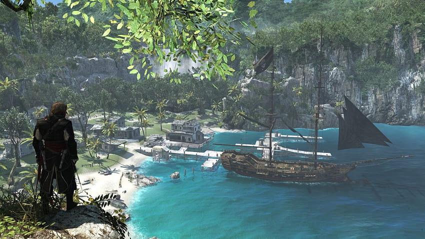 Assassin&Creed IV Black Flag Edward Kenwey Pirata Pistola Pistola Spada Nave Taccola Acqua Mare Baia Grande Porto di Inagua Sfondo HD