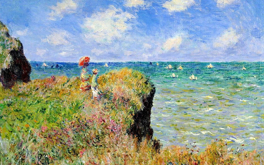 Claude Monet, Pintura, Mar, Acantilado, Francia, Sombrilla, Arte clásico fondo de pantalla