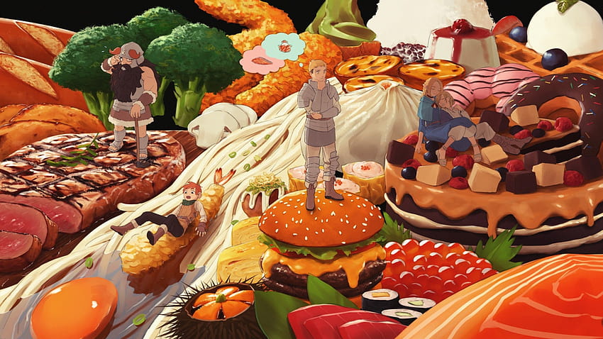 2560x1440 Anime Food, Dungeon Meshi, Marcille, Senshi, Laios, Falin, Childchuck für iMac 27 Zoll, Cottagecore HD-Hintergrundbild