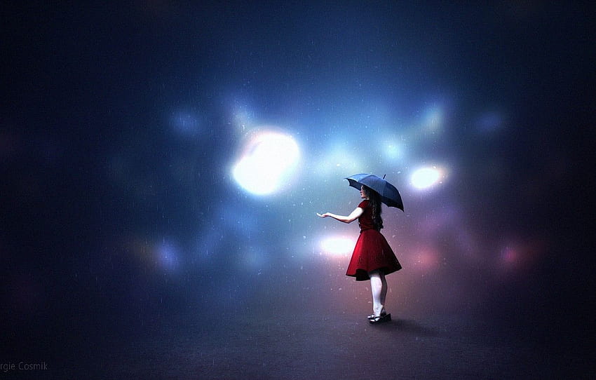 light, girl, umbrella, art, blur, bokeh, painting, digital art, illusion, raining, visual art, u background HD wallpaper