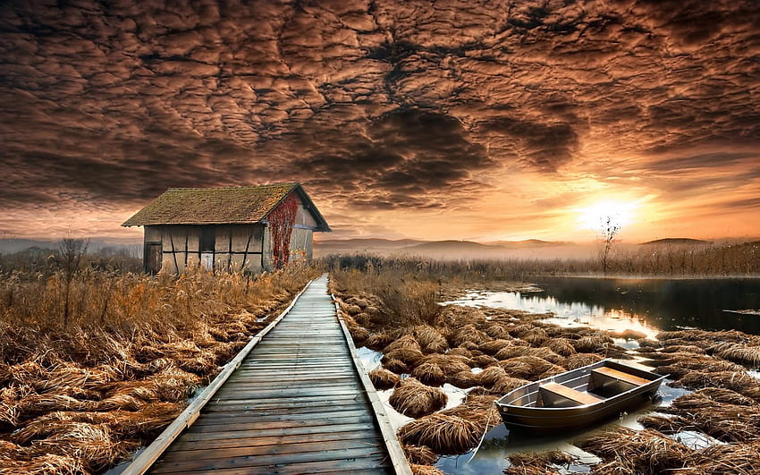 House, wooden path, lake, trees, autumn, sunset, autumn lake sunset HD wallpaper