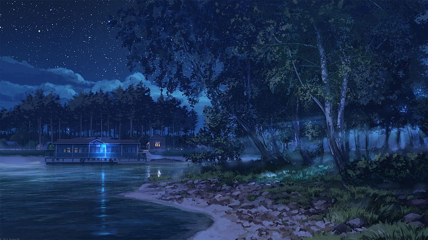 Patio de noche Ilustração de paisagem, Cenários digitais, floresta anime  noite 