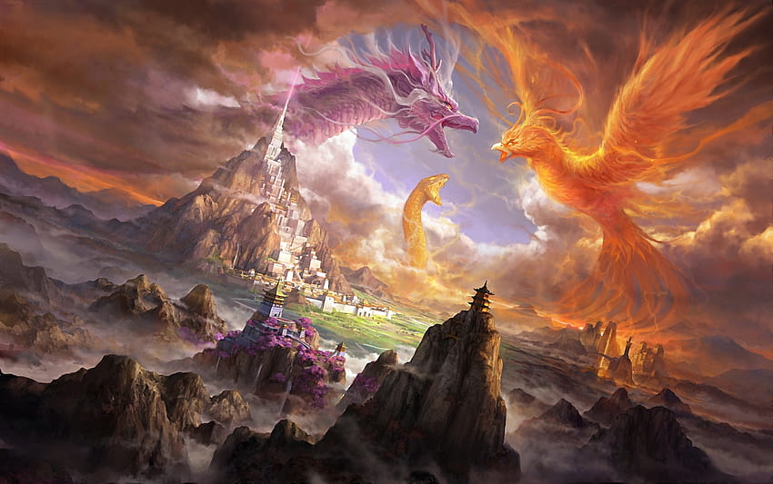 Giant dragon, phoenix and snake battling by molybdenumgp03, giant snake HD wallpaper