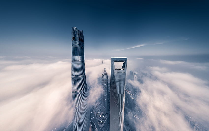 Jin Mao Tower, Shanghai Tower, Szanghaj, Chiny, w chmurach, drapacze chmur, wysokie nowoczesne budynki, metropolia, miasto w chmurach o rozdzielczości 1920x1200. Wysoka jakość, wieża Tapeta HD