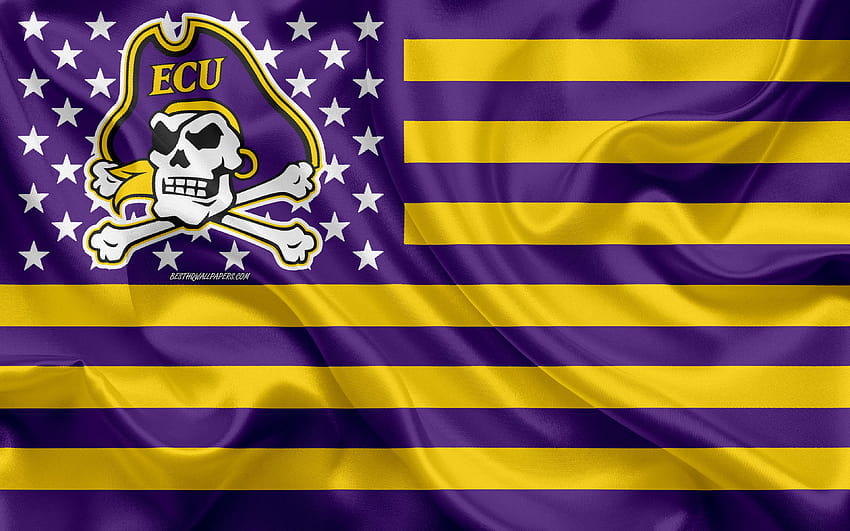 East Carolina Pirates, アメリカン フットボール チーム, クリエイティブなアメリカ国旗, 紫黄色の旗, NCAA, Greenville, North Carolina, USA, East Carolina Pirates のロゴ, エンブレム, 絹の旗, 解像度のあるアメリカン フットボール, ecu 高画質の壁紙