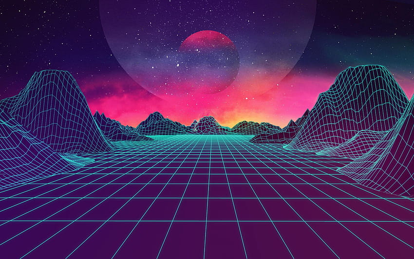 Terrain grid illustration, Mountains, Music, Stars, Neon, Space • For You For & Mobile, retro space HD wallpaper
