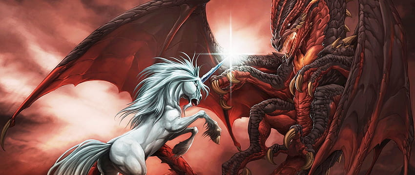 2560x1080 unicorn, fight, battle, dragon dual, unicorn rider HD wallpaper