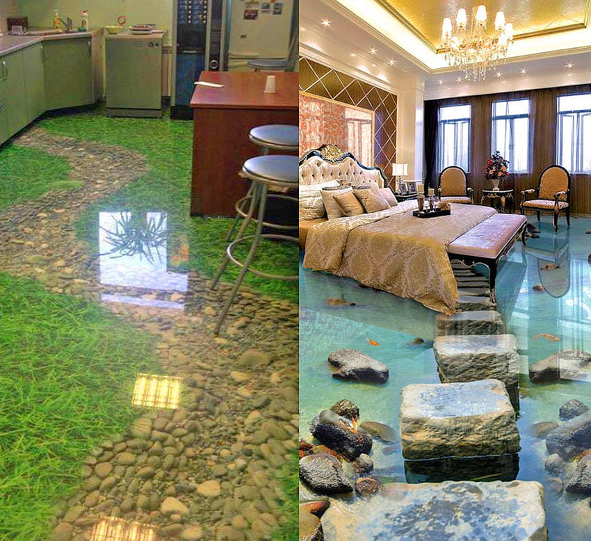 Te niesamowite podłogi epoksydowe 3D zmienią Twój pokój w plażę, kanion lub trawiastą ścieżkę Tapeta HD